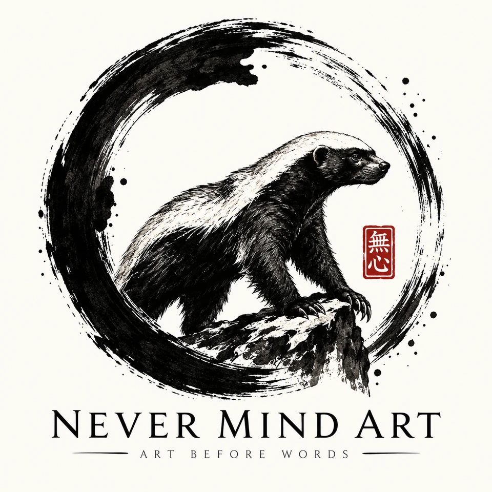 Never Mind Art honey badger and Enso logo
